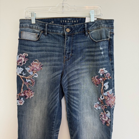 WHBM Straight Crop Jeans Size 10 Denim Floral Embroidered Cropped Raw Edge NWT - Picture 2 of 13